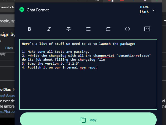 Formatting toolbar with text editor