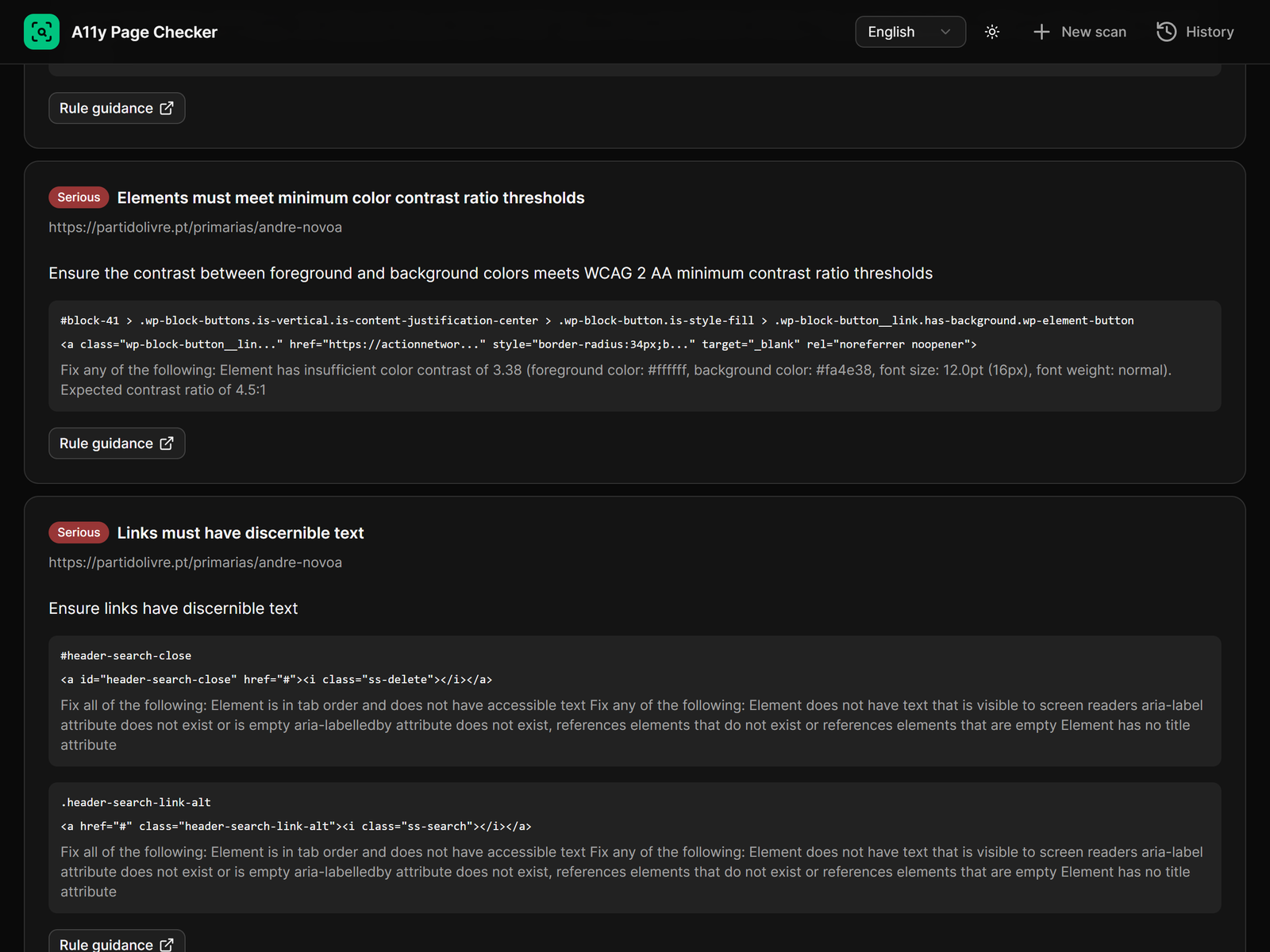 Expanded accessibility findings with rule guidance, affected HTML and contrast details.