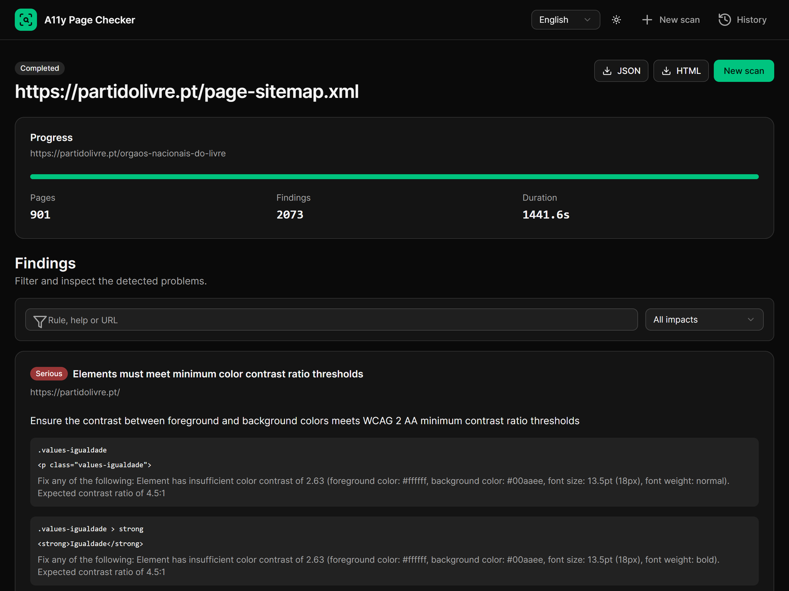 Completed sitemap scan with a progress summary and a list of colour contrast findings.