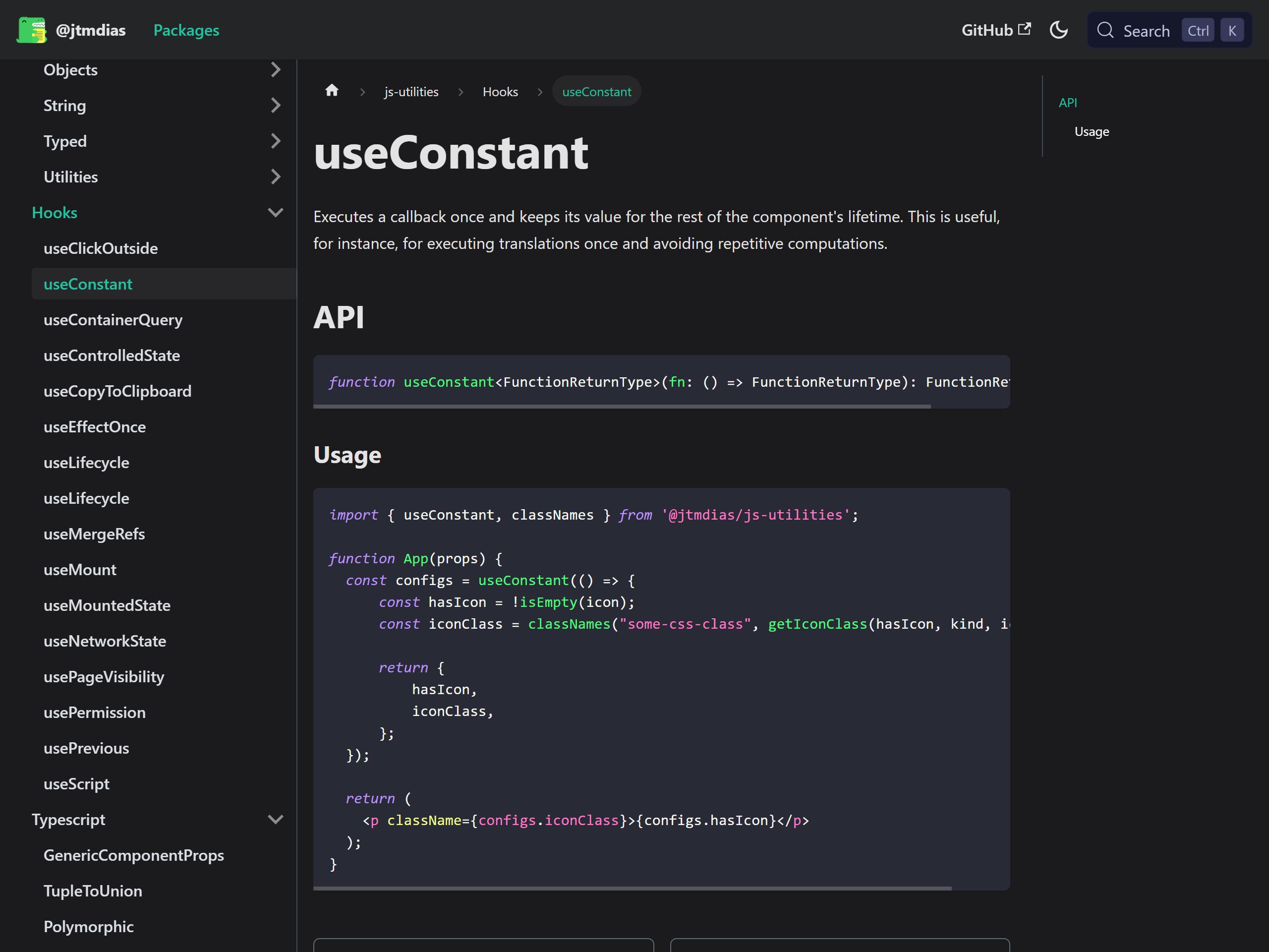 JS Utilities documentation overview with the available API organised by category.