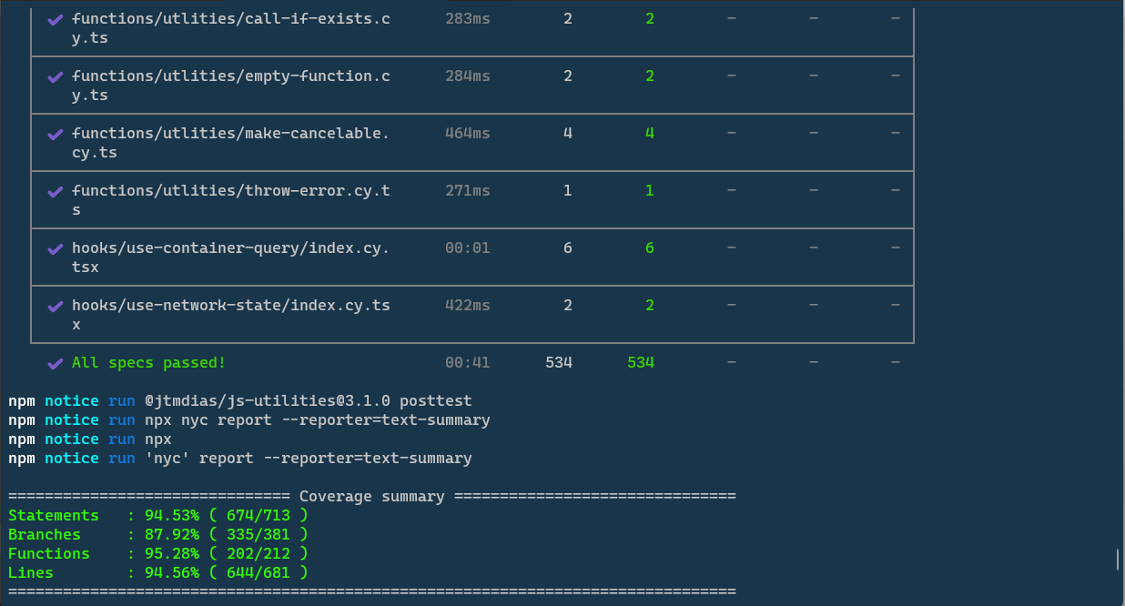 Automated test results for the JS Utilities package in a terminal.