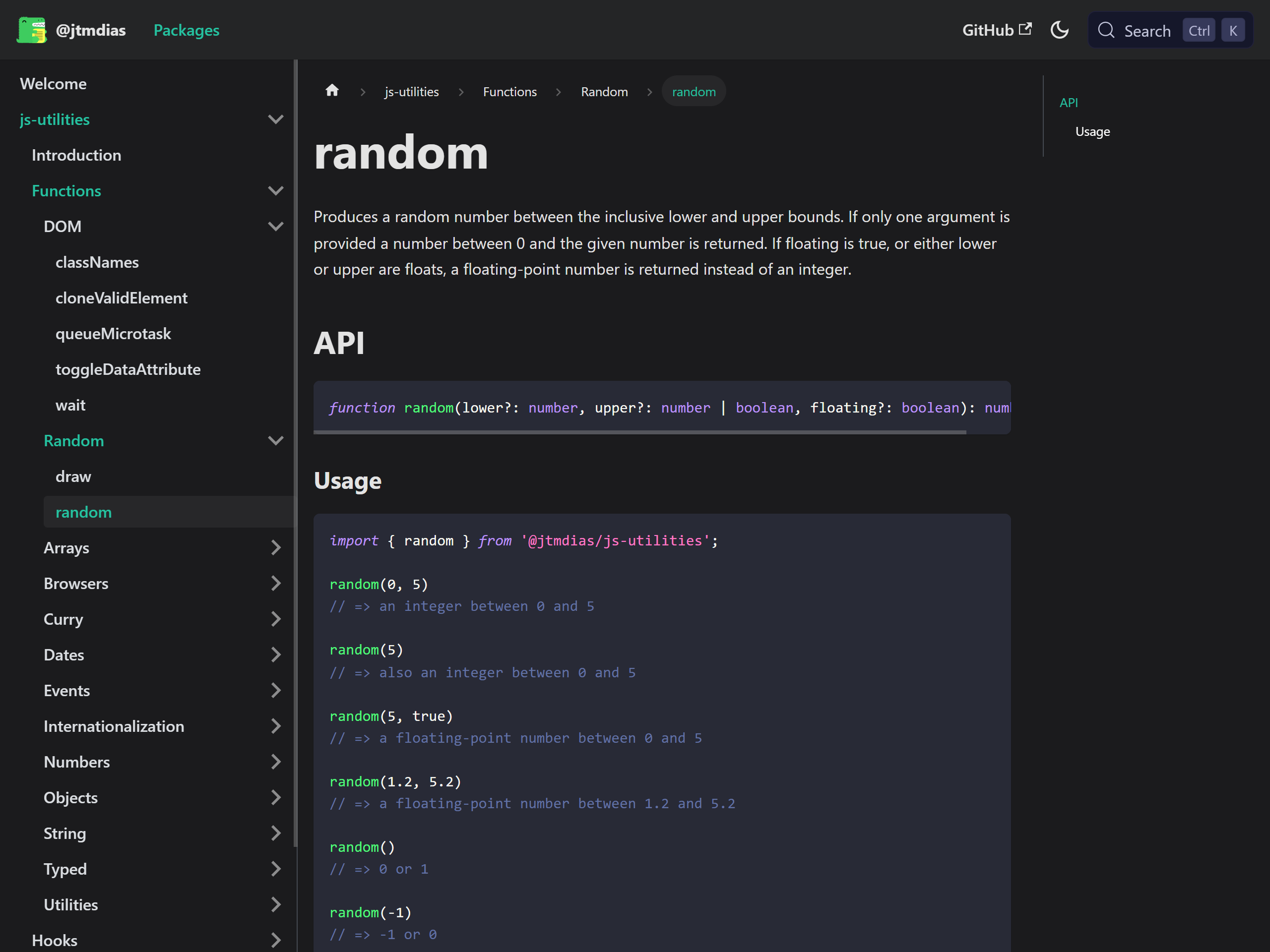Documentation for a JS Utilities function showing its signature, parameters and usage example.