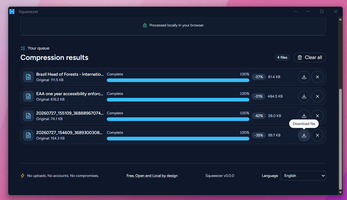 Squeeezer queue with four completed files, their compressed sizes and percentage savings.