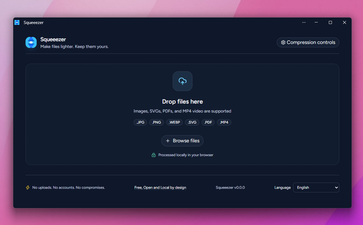 Squeeezer desktop application with an empty dropzone and its supported file formats.
