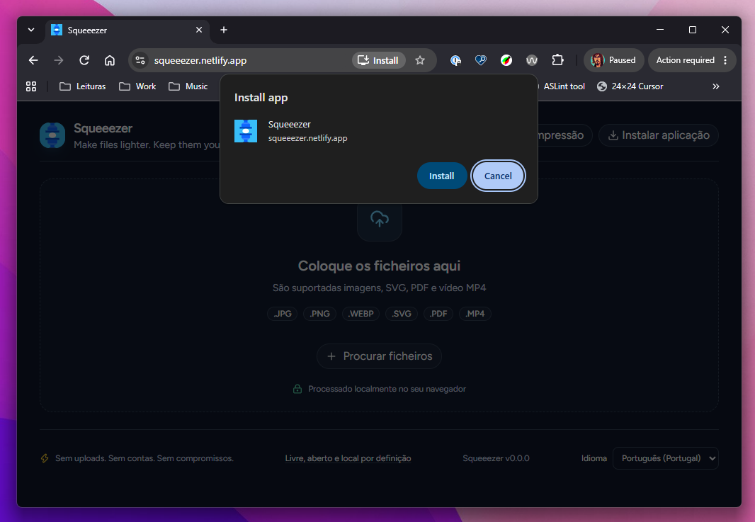 Browser installation prompt for adding Squeeezer as a progressive web application.